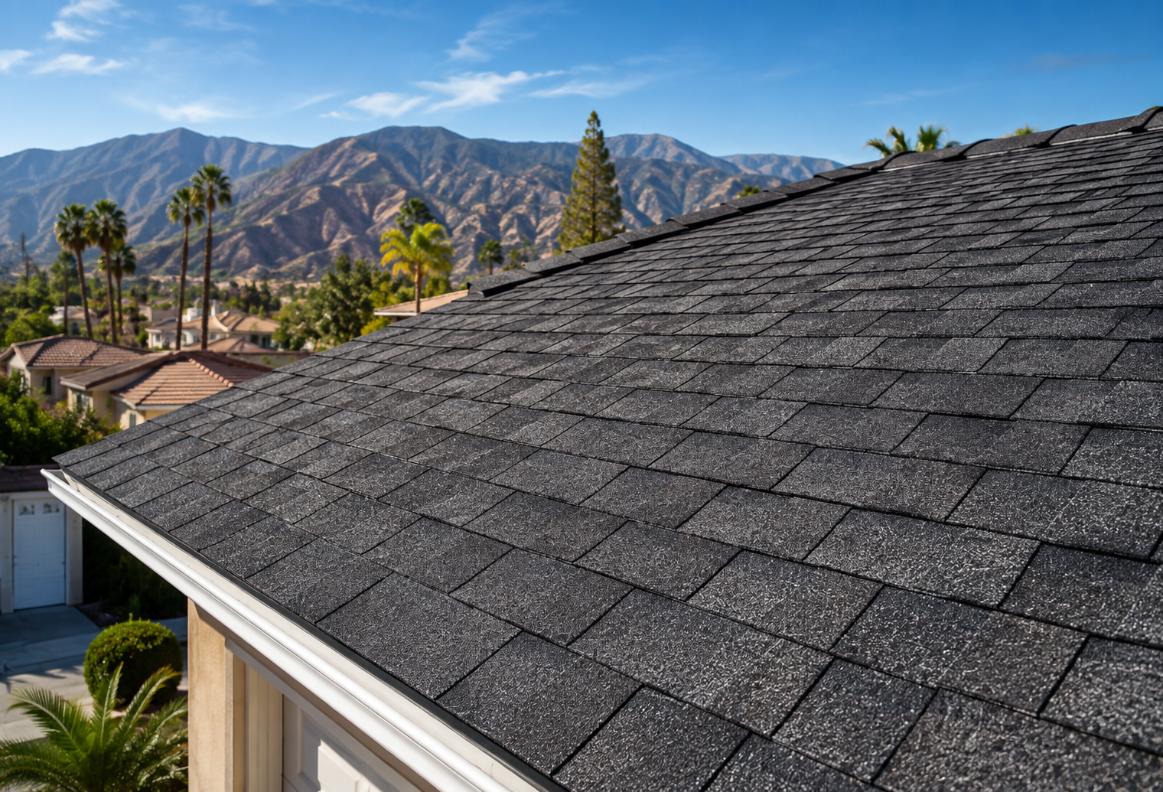Composition shingle roof on a San Dimas, California home with the San Gabriel Mountains and palm trees in the background.
